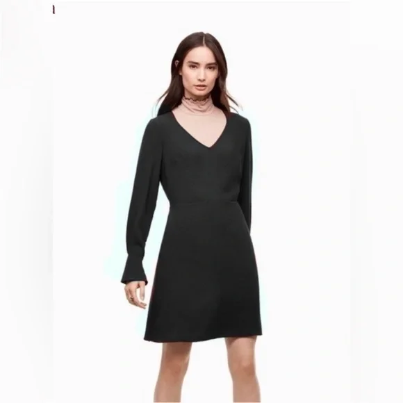 Aritzia Wilfred Corinne black Mini Dress Size 00 Long sleeves v-neck A-line - Picture 10 of 16